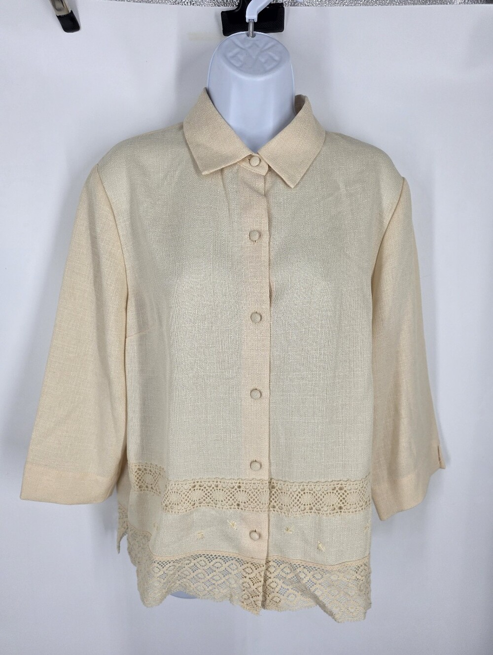 Judith Hart Collection Vintage Cream Textured Blouse 12 Lace Crochet Hem